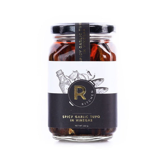 R Kitchen - Spicy Garlic Gourmet Tuyo in Vinegar - Pasteurized Bottled Deboned Dried Herring - 250 G