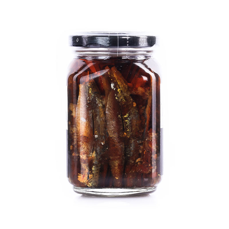 R Kitchen - Spicy Garlic Gourmet Tuyo in Vinegar - Pasteurized Bottled Deboned Dried Herring - 250 G